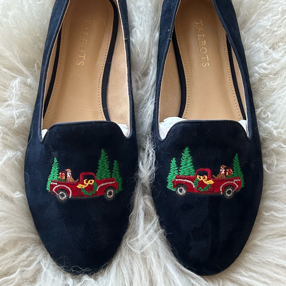 Talbots Indigo Blue Suede Ryan Novelty Christmas Holiday Loafer Flats Sz 8W Wide